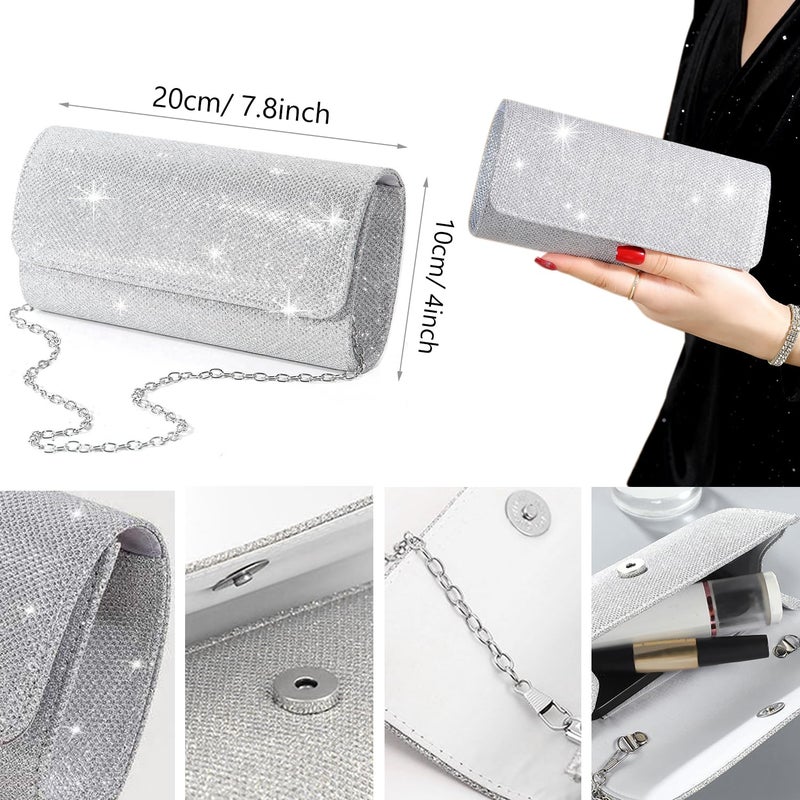 EIELO Rhinestone Jewelry Set for Women Wedding Bridal Silvery Clutch Purse Glitter Choker Necklace Tennis Stretch Bracelets Ring Dangle Fringe Earrings Set - Image 2