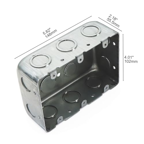 Qlvily 1 Pack Three Gang Multi Device Switch Box, 5.8" L X 4.1" W, 2.2" Deep Metal Electrical Box, 6-TKO's & 4-1/2"KO's Side KO, 2-1/2" & 2-3/4" Bottom KO, Raised Gound Hump, Galvanized - Image 2