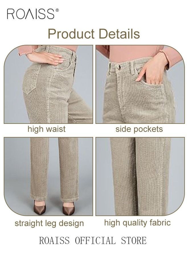 roaiss - High Waist Wide Leg Pants for Women Pure Cotton Corduroy Soft Elastic Trousers Ladies Mom's Slant Pocket Long Pants Casual Plain New Arrival Trendy Straight Baggy - Image 1