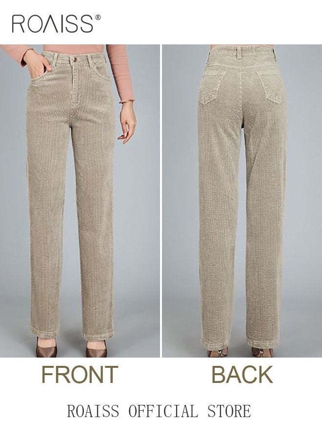 roaiss - High Waist Wide Leg Pants for Women Pure Cotton Corduroy Soft Elastic Trousers Ladies Mom's Slant Pocket Long Pants Casual Plain New Arrival Trendy Straight Baggy - Image 1