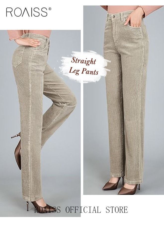 roaiss - High Waist Wide Leg Pants for Women Pure Cotton Corduroy Soft Elastic Trousers Ladies Mom's Slant Pocket Long Pants Casual Plain New Arrival Trendy Straight Baggy - Image 1