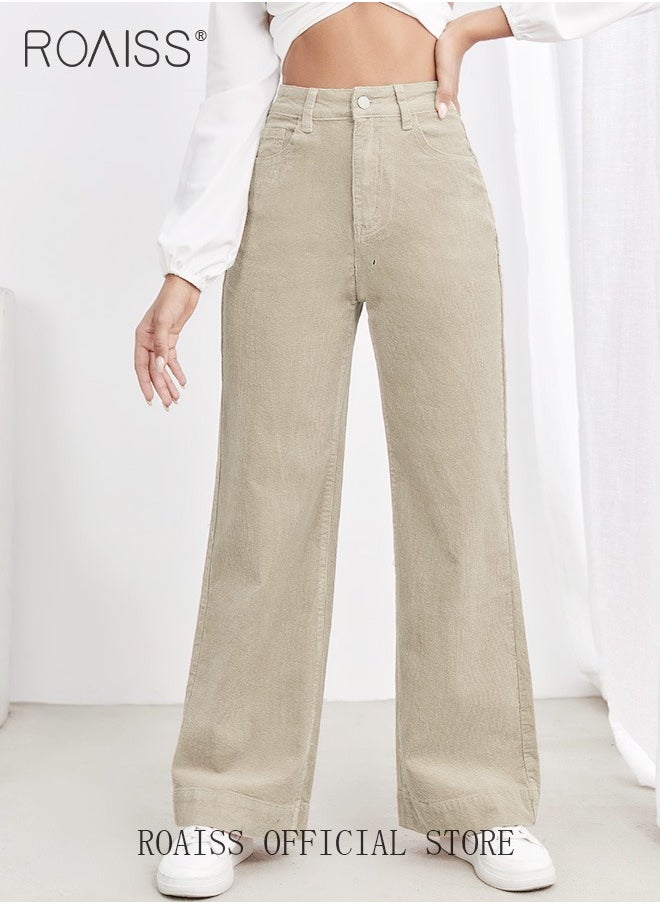 roaiss - High Waist Wide Leg Pants for Women Pure Cotton Corduroy Soft Elastic Trousers Ladies Mom's Slant Pocket Long Pants Casual Plain New Arrival Trendy Straight Baggy - Image 1