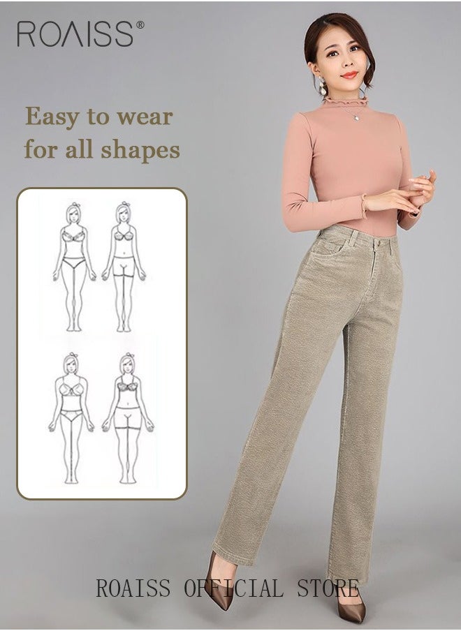 roaiss - High Waist Wide Leg Pants for Women Pure Cotton Corduroy Soft Elastic Trousers Ladies Mom's Slant Pocket Long Pants Casual Plain New Arrival Trendy Straight Baggy - Image 1