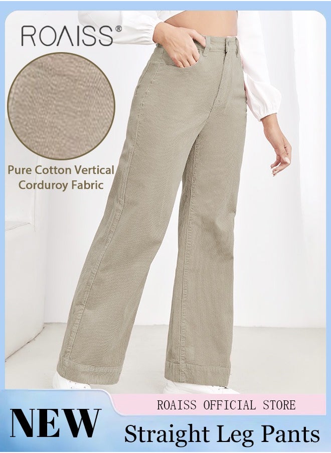 roaiss - High Waist Wide Leg Pants for Women Pure Cotton Corduroy Soft Elastic Trousers Ladies Mom's Slant Pocket Long Pants Casual Plain New Arrival Trendy Straight Baggy - Image 1