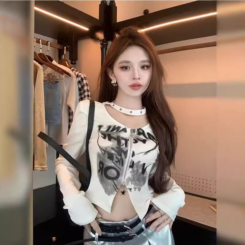 Letter Printed Zipper Long-Sleeved T-Shirt For Women 2025 Autum New Design Niche Slimming Look Short Top - Image 2