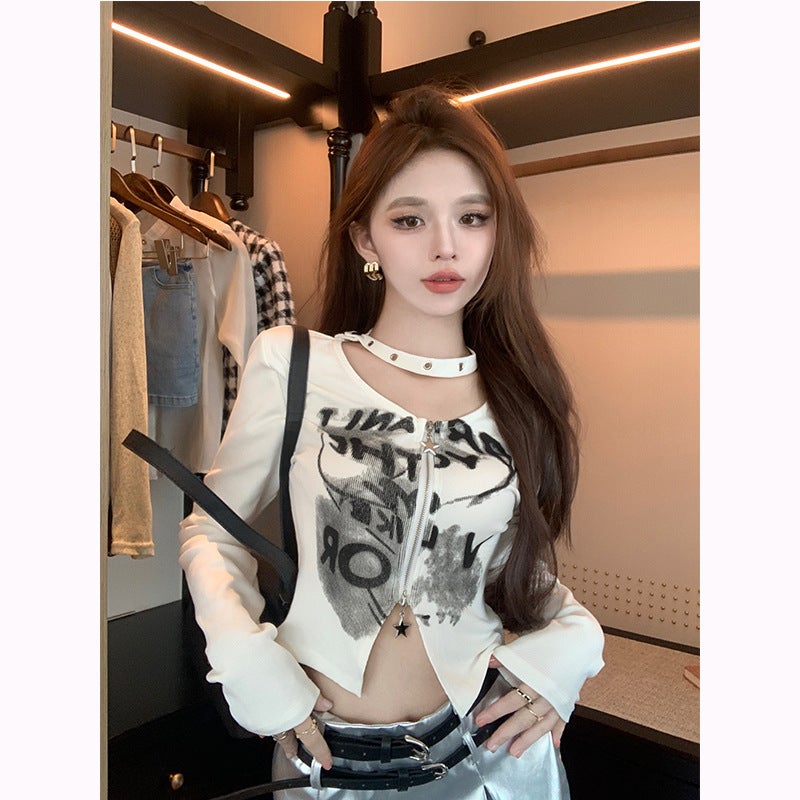 Letter Printed Zipper Long-Sleeved T-Shirt For Women 2025 Autum New Design Niche Slimming Look Short Top - Image 1