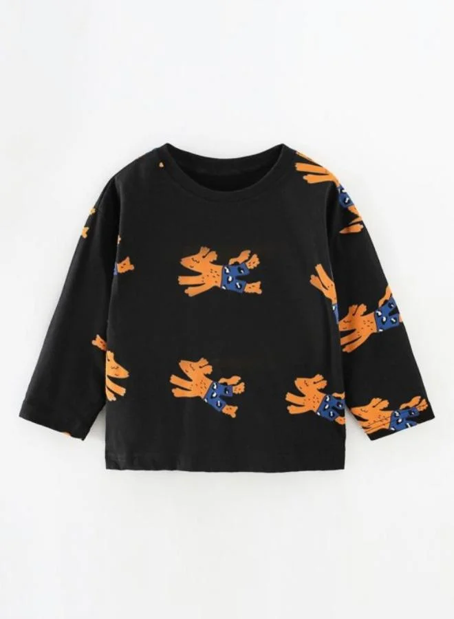 YUNIQEE Black Printed Long Sleeve Crew Neck T-Shirt