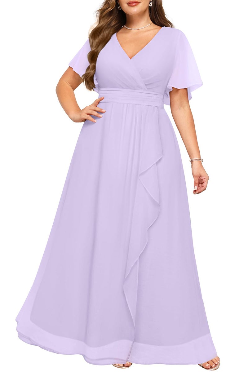 Talisea Lavender Dress Women Plus Size Bridesmaid Dresses Lilac Formal Wedding Guest Chiffon Short Sleeves A Line Light Purple - Image 1