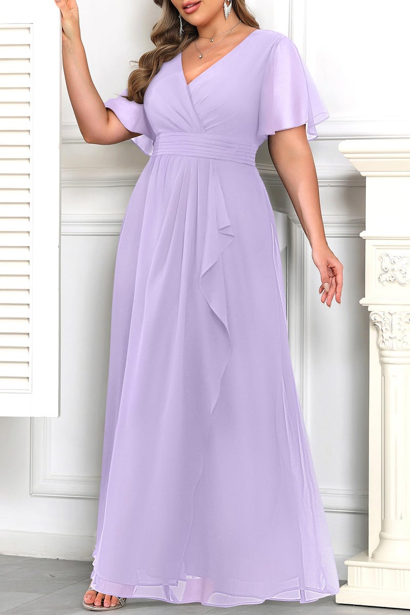 Talisea Lavender Dress Women Plus Size Bridesmaid Dresses Lilac Formal Wedding Guest Chiffon Short Sleeves A Line Light Purple - Image 2