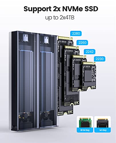 ORICO Dual M.2 NVMe SSD Enclosure, USB C to M2 Adapter for M Key PCIe 2230/2242/2260/2280 M.2 SSDs,Tool-Free Installation Aluminum SSDs Reader Support Trim and UASP up to 2x4TB-BM2-2N - Image 3