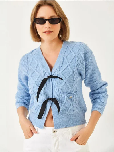 Bianco Lucci LUCCI Textured V-Neck Cropped Cardigan with Pompom
