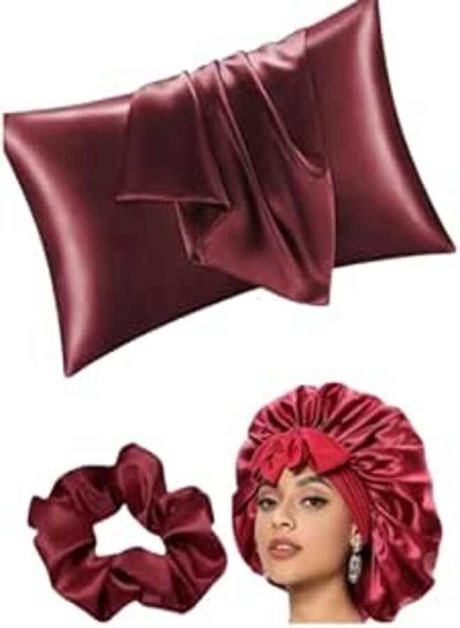 Enjoy Healthy Hair With This Women's Collection, A Touch Of Style And Softness. This Elegant Satin Pillowcase Features A Hair Band And A Dark Red Single Layer Of Red