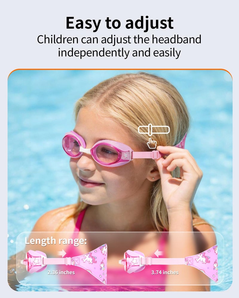 Pixel Panda Kids Goggles with Fabric Strap for 3-14, No Hair Pulling, Swim Goggles for Boy & Girls, Easy to Put on, Ideal for Swim Class, Pink - Image 2