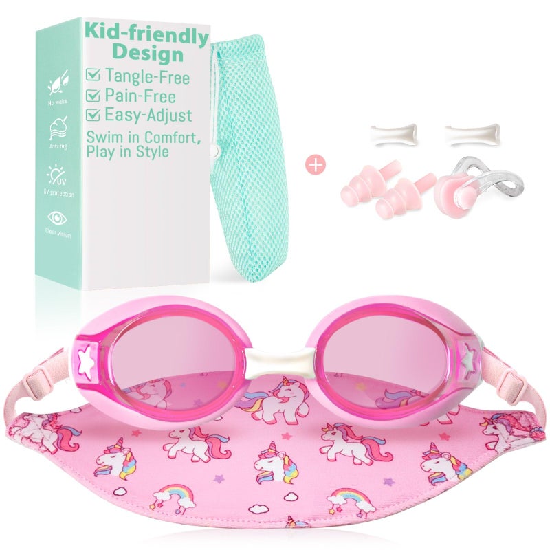 Pixel Panda Kids Goggles with Fabric Strap for 3-14, No Hair Pulling, Swim Goggles for Boy & Girls, Easy to Put on, Ideal for Swim Class, Pink - Image 1