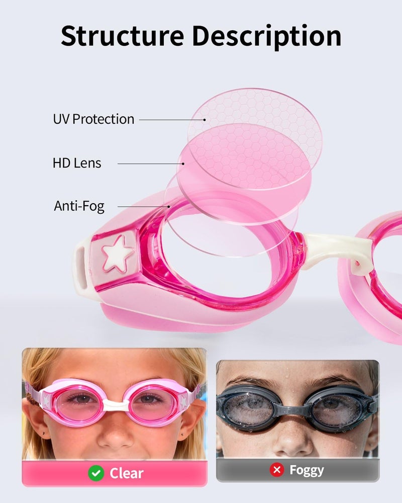 Pixel Panda Kids Goggles with Fabric Strap for 3-14, No Hair Pulling, Swim Goggles for Boy & Girls, Easy to Put on, Ideal for Swim Class, Pink - Image 5