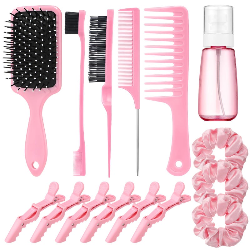 ProSuites 15 Pcs Slick Back Hair Brush Set, Bristle Hair Brush with Spray Bottle,Hair Clip,Edge Brush for Women, Men(Pink) - Image 1