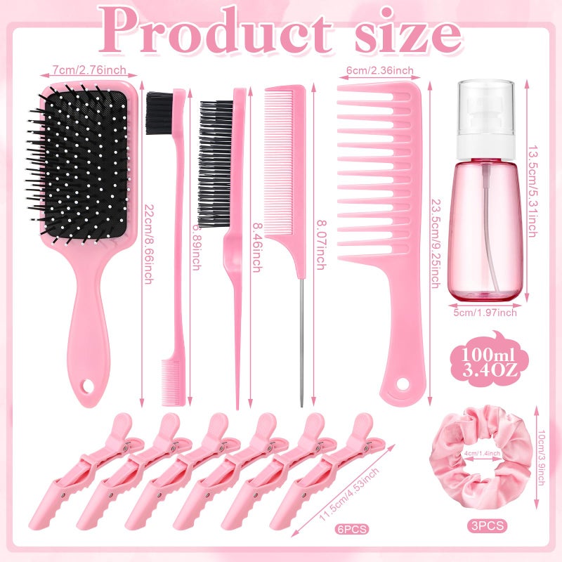 ProSuites 15 Pcs Slick Back Hair Brush Set, Bristle Hair Brush with Spray Bottle,Hair Clip,Edge Brush for Women, Men(Pink) - Image 2