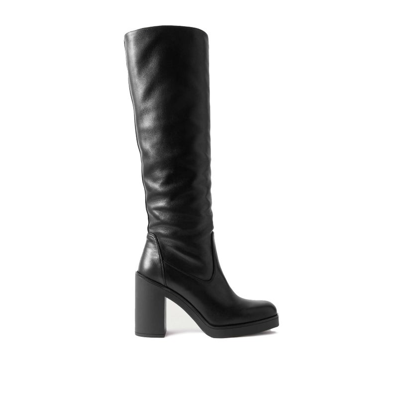 STALOV Knee High Boots for Women Slouchy Ruched Ruond Toe Side Zipper Leather Tall Boots Fashion Chunky Block Heel Boot Black US7 - Image 1