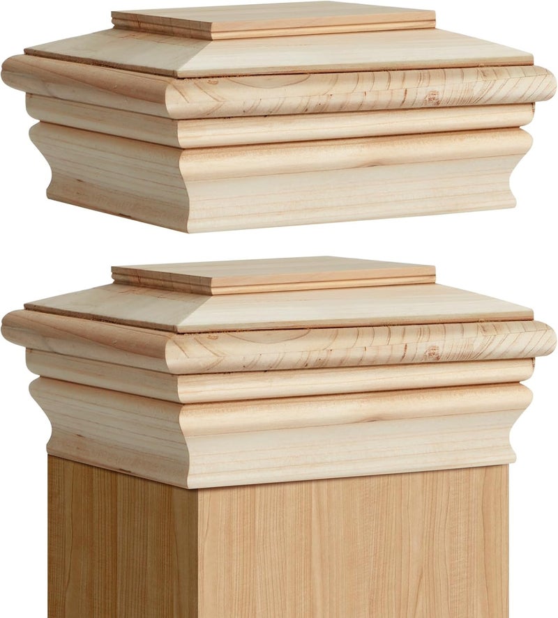 Soaoo 2 Pcs Wooden Post Caps Classic Cedar Wood Post Caps Wood Fence Newel Mounting Kit Resistant for Indoor Outdoor Fence Mailboxes Decks (4 x 4 Inch) - Image 1