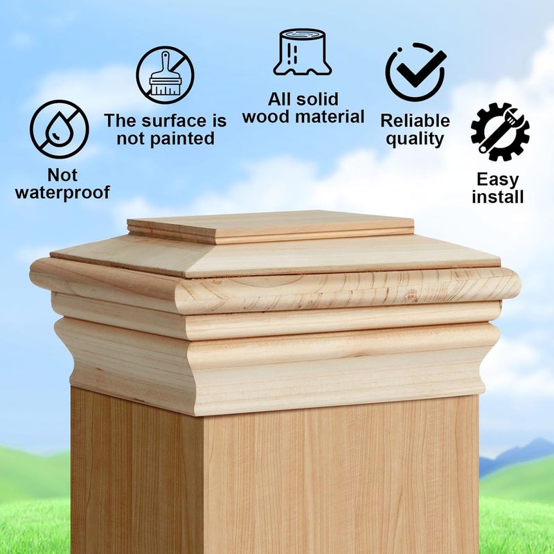 Soaoo 2 Pcs Wooden Post Caps Classic Cedar Wood Post Caps Wood Fence Newel Mounting Kit Resistant for Indoor Outdoor Fence Mailboxes Decks (4 x 4 Inch) - Image 3