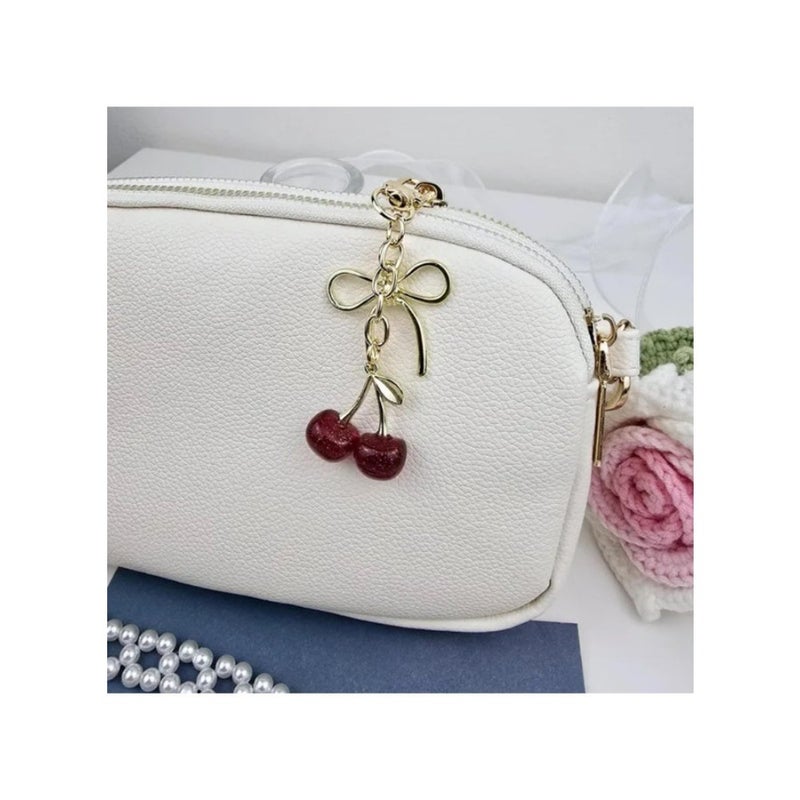 Cherry Keychain for Women, Cute Red Bag Charm for Purse, Wallet Bag Pendant, Faux Leather and Gold Alloy Keyring, Car Keys Handbag Purse Pendant, Gift for Mom Girlfriend Birthday 3.5cmX11.9cm - Image 3