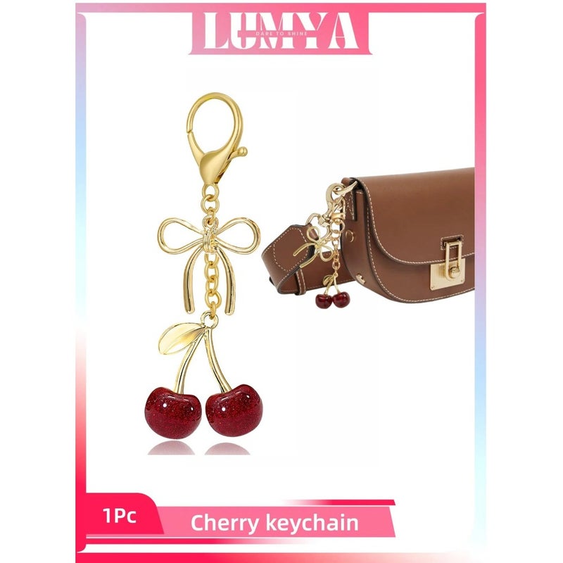 Cherry Keychain for Women, Cute Red Bag Charm for Purse, Wallet Bag Pendant, Faux Leather and Gold Alloy Keyring, Car Keys Handbag Purse Pendant, Gift for Mom Girlfriend Birthday 3.5cmX11.9cm - Image 1