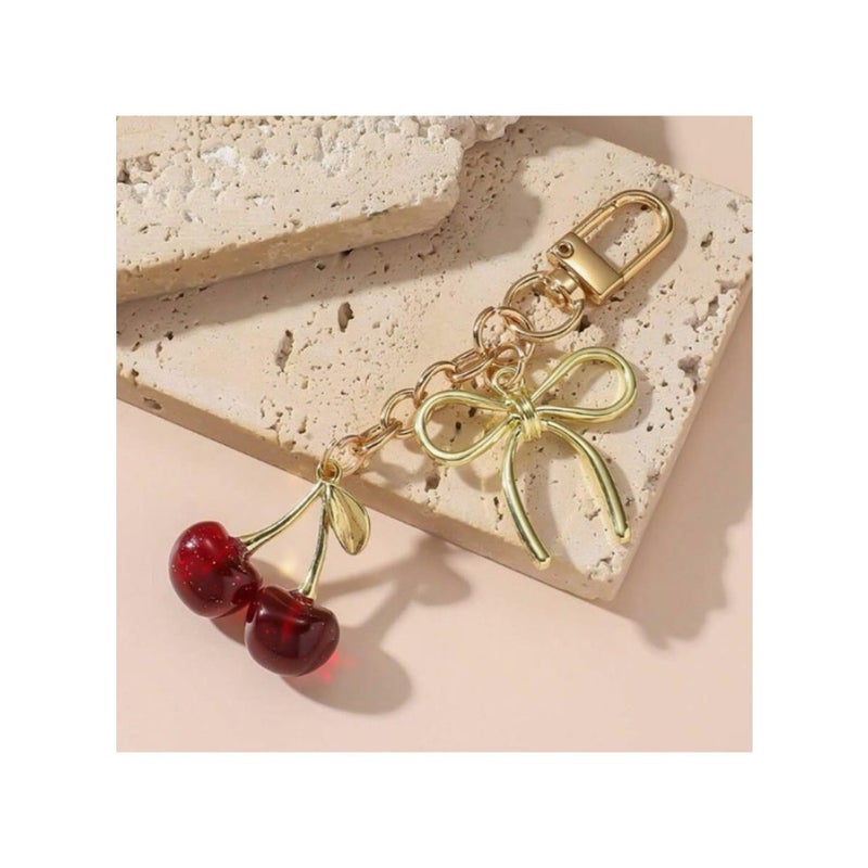 Cherry Keychain for Women, Cute Red Bag Charm for Purse, Wallet Bag Pendant, Faux Leather and Gold Alloy Keyring, Car Keys Handbag Purse Pendant, Gift for Mom Girlfriend Birthday 3.5cmX11.9cm - Image 4