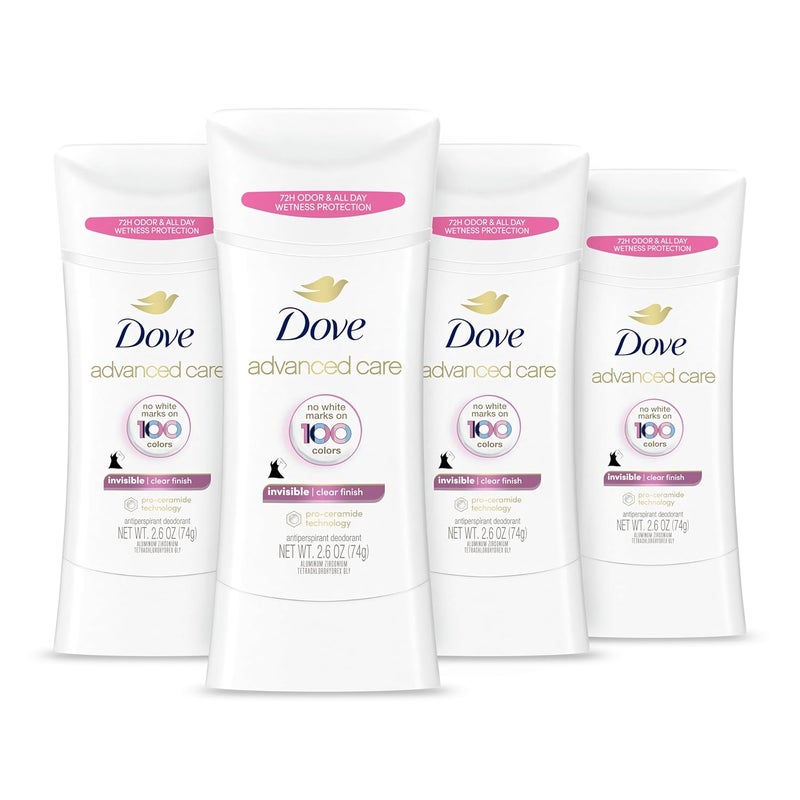 Dove Dove Advanced Care Antiperspirant Deodorant Stick Clear Finish 4 Count deodorant that doesn’t stain clothes 72-hour odor control and all-day sweat protection with Pro-Ceramide Technology 2.6 oz