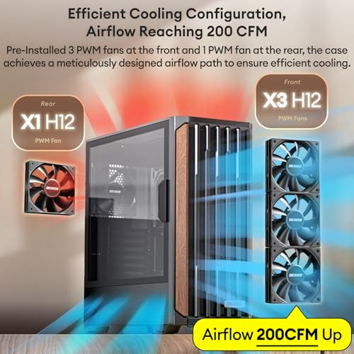 Okinos Genuine Walnut Wood PC Case, Support 360mm Radiator on Top, Pre-Installed 4 x 120mm PWM Fans ATX Case, Type-C Port, Magnetic Tempered Glass Side Panel, Black Computer Case, Cypress 7 - Image 4