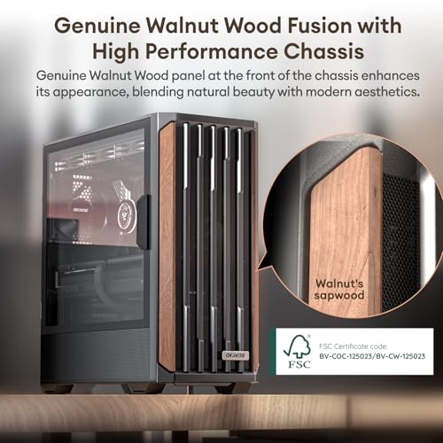 Okinos Genuine Walnut Wood PC Case, Support 360mm Radiator on Top, Pre-Installed 4 x 120mm PWM Fans ATX Case, Type-C Port, Magnetic Tempered Glass Side Panel, Black Computer Case, Cypress 7 - Image 2