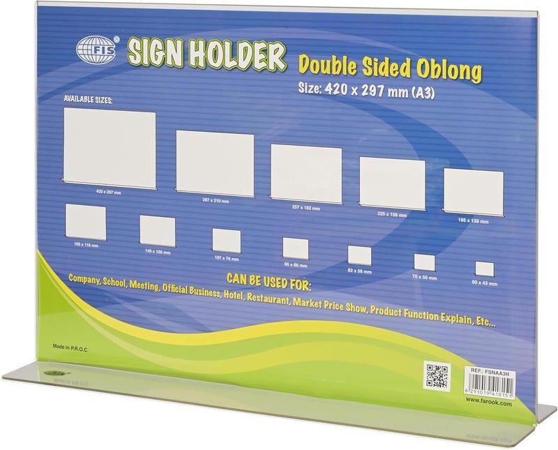 FIS® Acrylic Sign Holder, Size: A3(420x297mm), Dual-Sided View, Inverted T-Shape, Tabletop Mount, Crystal Clear Plastic Horizontal Display, Round Edges, 1 Piece-FSNAA3H - Image 1