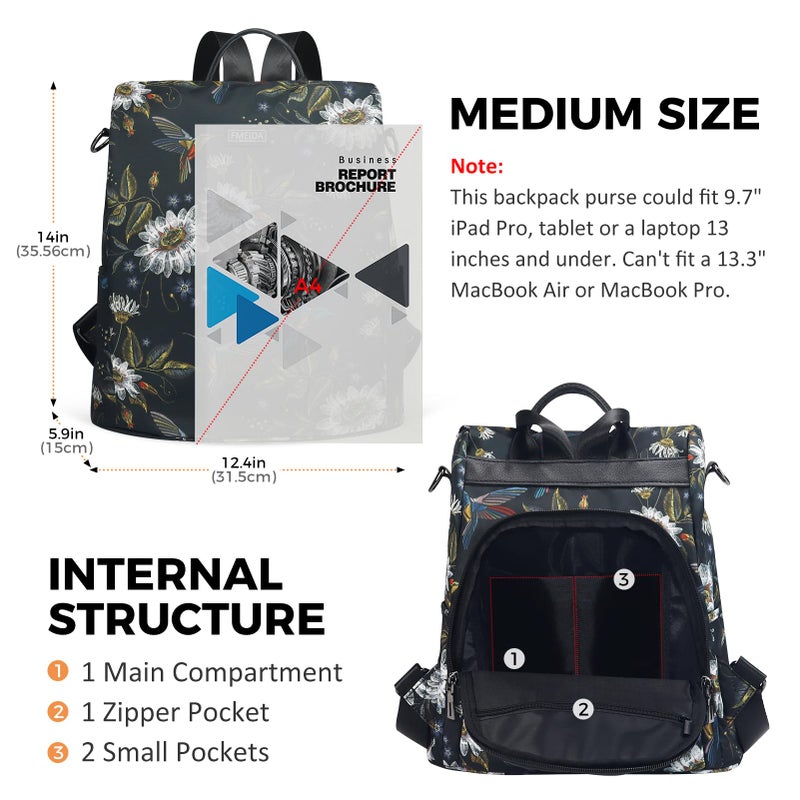 Fmeida Backpack Purse for Women Travel Anti-Theft Backpack Convertible Nylon Daypack with Hidden Back Zipper Opening Hummingbird - Image 2