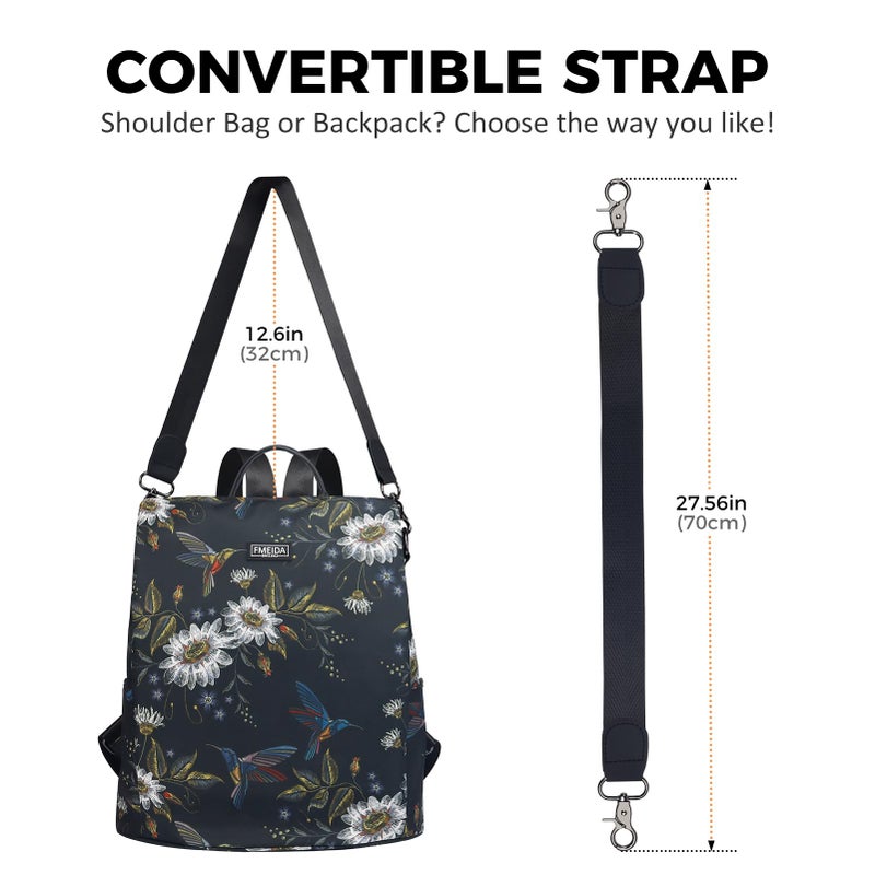 Fmeida Backpack Purse for Women Travel Anti-Theft Backpack Convertible Nylon Daypack with Hidden Back Zipper Opening Hummingbird - Image 4