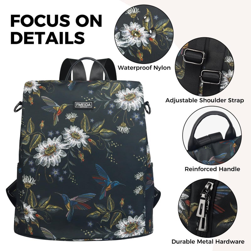 Fmeida Backpack Purse for Women Travel Anti-Theft Backpack Convertible Nylon Daypack with Hidden Back Zipper Opening Hummingbird - Image 5