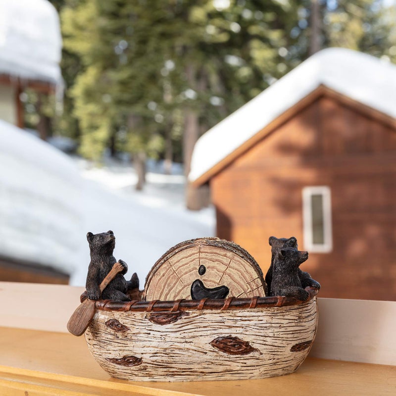 Cabin Obsession Bear Coasters Set of 6 Full Size Rustic Coasters in Handmade Canoe with Adorable Black Bear Figurines | Black Bear Log Cabin Decorations, Rustic Lodge Decor for The Home - Image 4