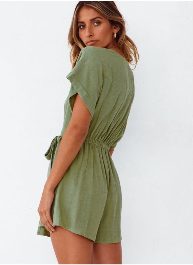 Loquat - Women's Solid Color Lace-up Jumpsuit Elastic Waist Slimming V-Neck Short-Sleeved Jumpsuit - Image 1