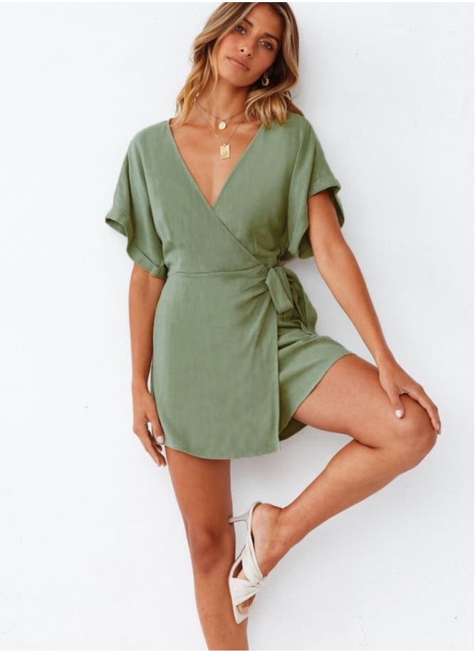 Loquat - Women's Solid Color Lace-up Jumpsuit Elastic Waist Slimming V-Neck Short-Sleeved Jumpsuit - Image 1