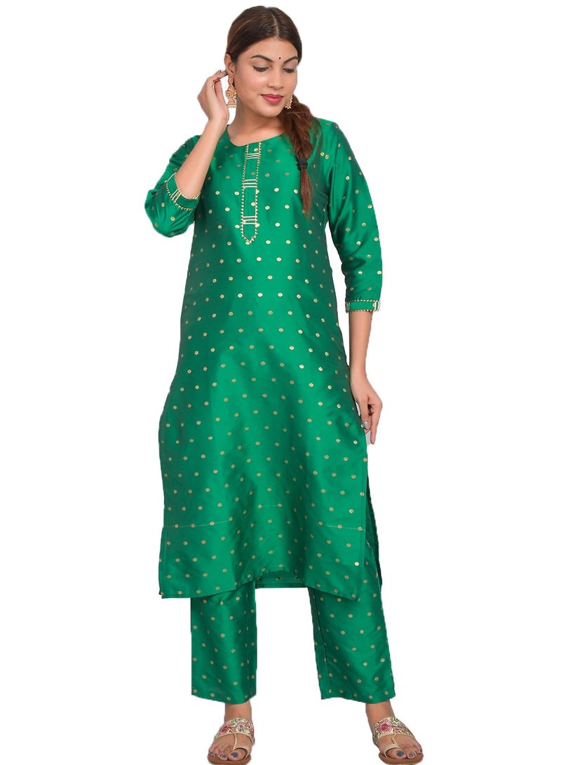 Riara Women Light Green Kurti with Pant Set 3/4 Sleeves Suitable for Casual Wear and Fusion Wear Art Silk (Taffeta Booty) Size XXL  - Image 2