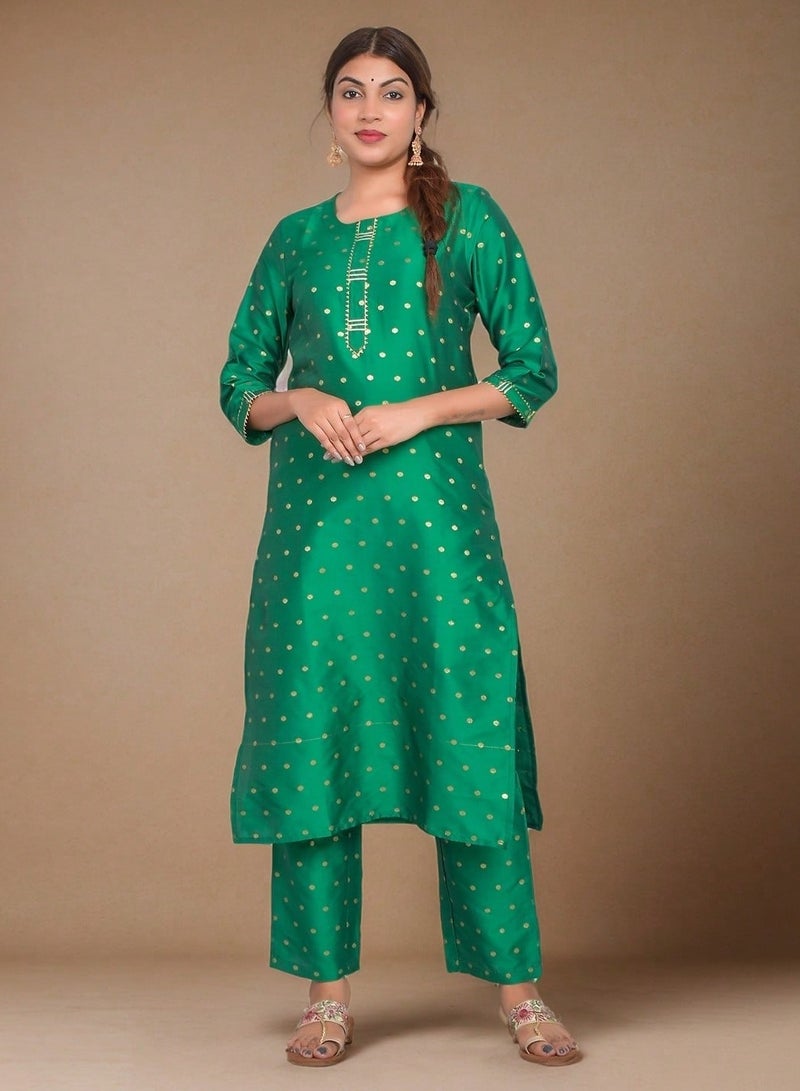 Riara Women Light Green Kurti with Pant Set 3/4 Sleeves Suitable for Casual Wear and Fusion Wear Art Silk (Taffeta Booty) Size XXL  - Image 1