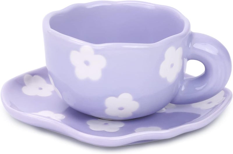 Noviko Purple Flower Mug and Saucer Set  Cute Ceramic Mug for Girls and Mom  7 oz - Image 1