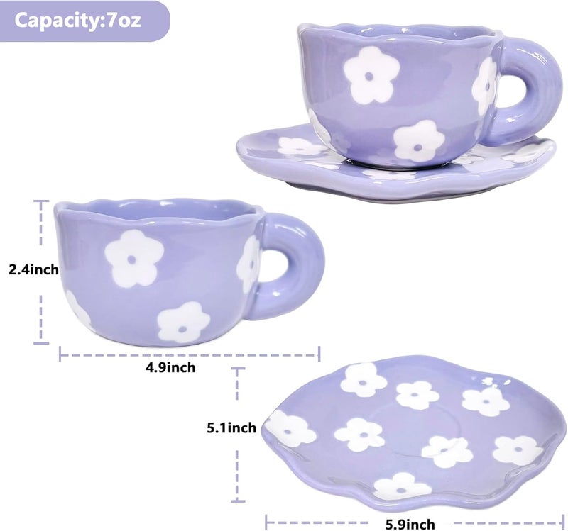 Noviko Purple Flower Mug and Saucer Set  Cute Ceramic Mug for Girls and Mom  7 oz - Image 2