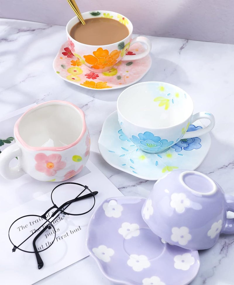 Noviko Purple Flower Mug and Saucer Set  Cute Ceramic Mug for Girls and Mom  7 oz - Image 3