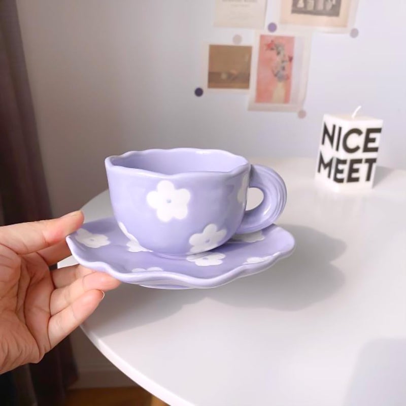 Noviko Purple Flower Mug and Saucer Set  Cute Ceramic Mug for Girls and Mom  7 oz - Image 5