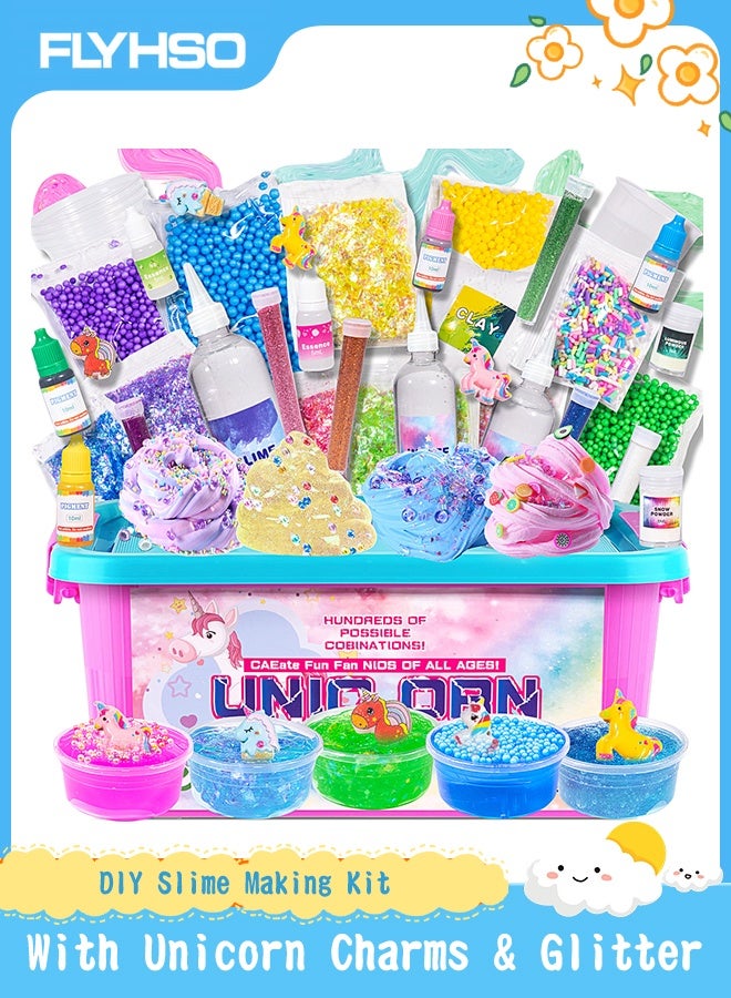 FLYHSO DIY Glitter Slime Making Kit for Kids – Fluffy Cloud Foam Slime with Unicorn Charms, Fun Squishy Slime Toys for Girls and Boys Ages 6 Year+, Perfect Gift Slime Kit - Image 1