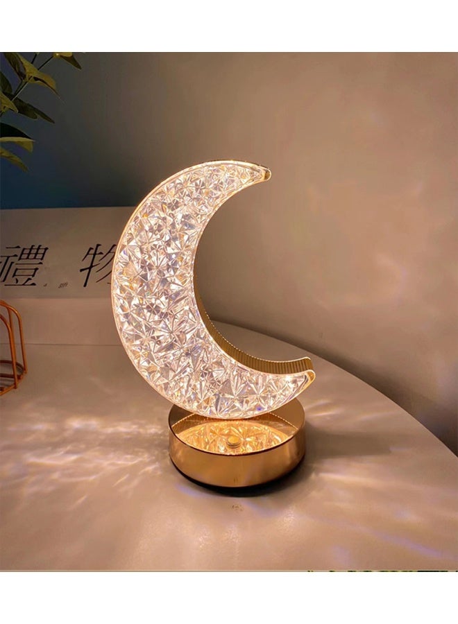 مصباح طاولة LED على شكل هلال كريستالي بقاعدة ذهبية اللون، 18 سم، مصباح ليلي مزخرف - Image 1