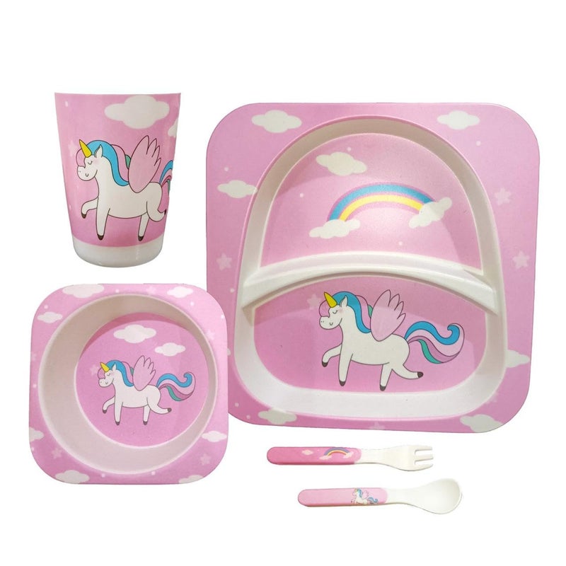Deepashri™ Baby Feeding Essentials Set | Adjustable Bib, Soft Spoon & Fork - Divided Suction Plate, Suction Bowl, Sippy Cup, BPA-Free, Dishwasher Safe - Unicorn Pink - Image 1