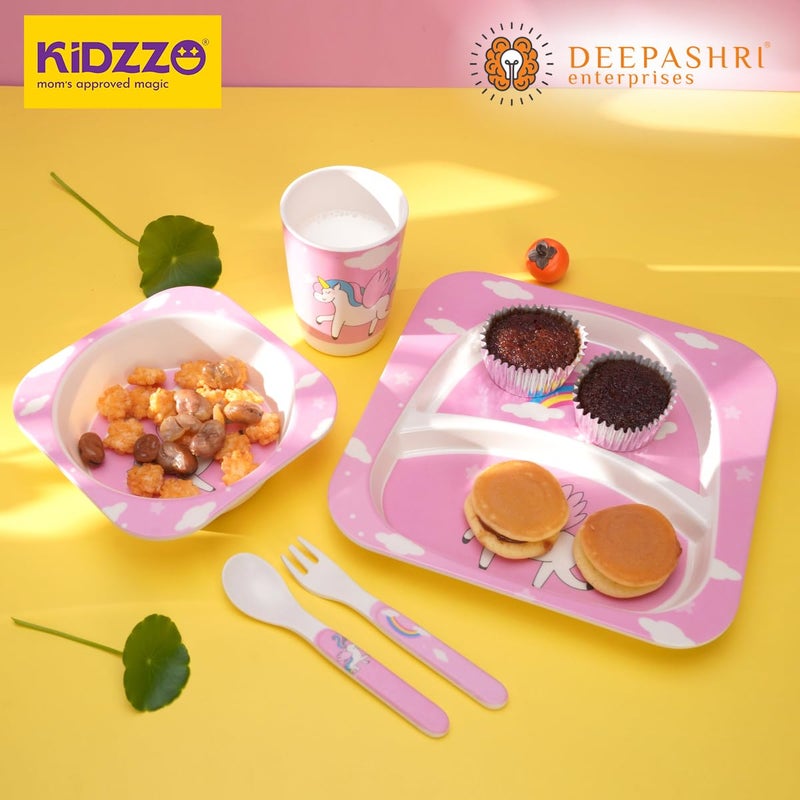 Deepashri™ Baby Feeding Essentials Set | Adjustable Bib, Soft Spoon & Fork - Divided Suction Plate, Suction Bowl, Sippy Cup, BPA-Free, Dishwasher Safe - Unicorn Pink - Image 2