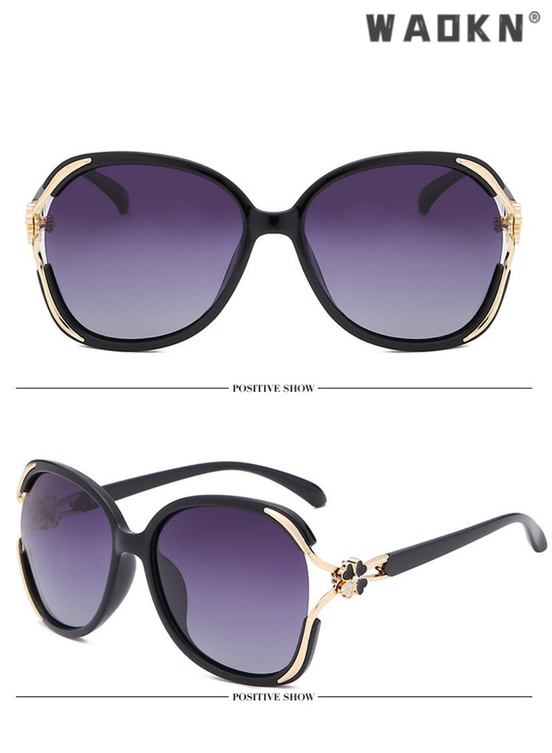 دبليو أيه أو كي أن نظارات شمسية فراشة كبيرة الحجم للسيدات نظارات شمسية حماية من الأشعة فوق البنفسجية 400 مع إطار معدني مزين بالزهور ، أزياء كبيرة الحجم مضادة للوهج مظلات الشمس للنساء مع حالة النظارات (أسود) - Image 2