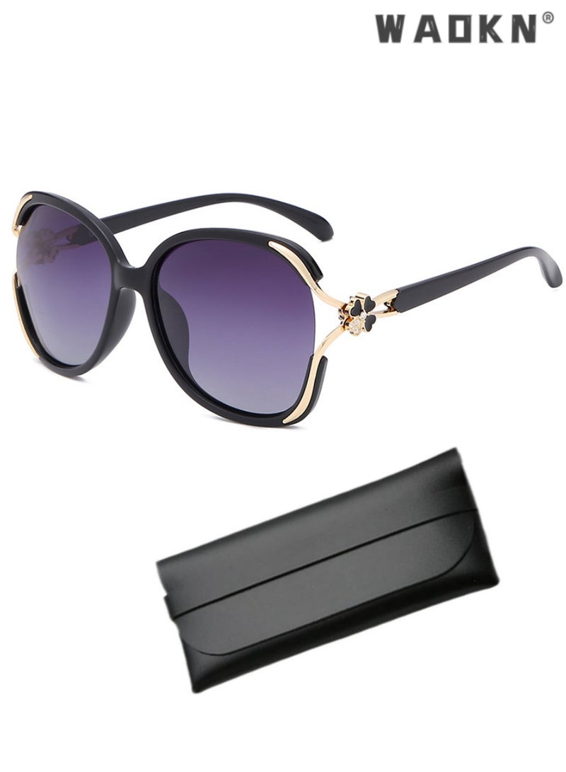 دبليو أيه أو كي أن نظارات شمسية فراشة كبيرة الحجم للسيدات نظارات شمسية حماية من الأشعة فوق البنفسجية 400 مع إطار معدني مزين بالزهور ، أزياء كبيرة الحجم مضادة للوهج مظلات الشمس للنساء مع حالة النظارات (أسود) - Image 1