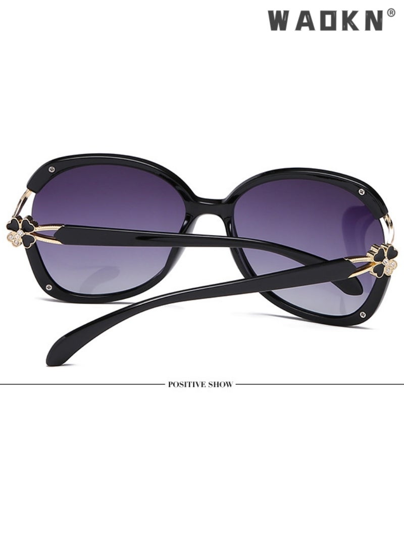 دبليو أيه أو كي أن نظارات شمسية فراشة كبيرة الحجم للسيدات نظارات شمسية حماية من الأشعة فوق البنفسجية 400 مع إطار معدني مزين بالزهور ، أزياء كبيرة الحجم مضادة للوهج مظلات الشمس للنساء مع حالة النظارات (أسود) - Image 4